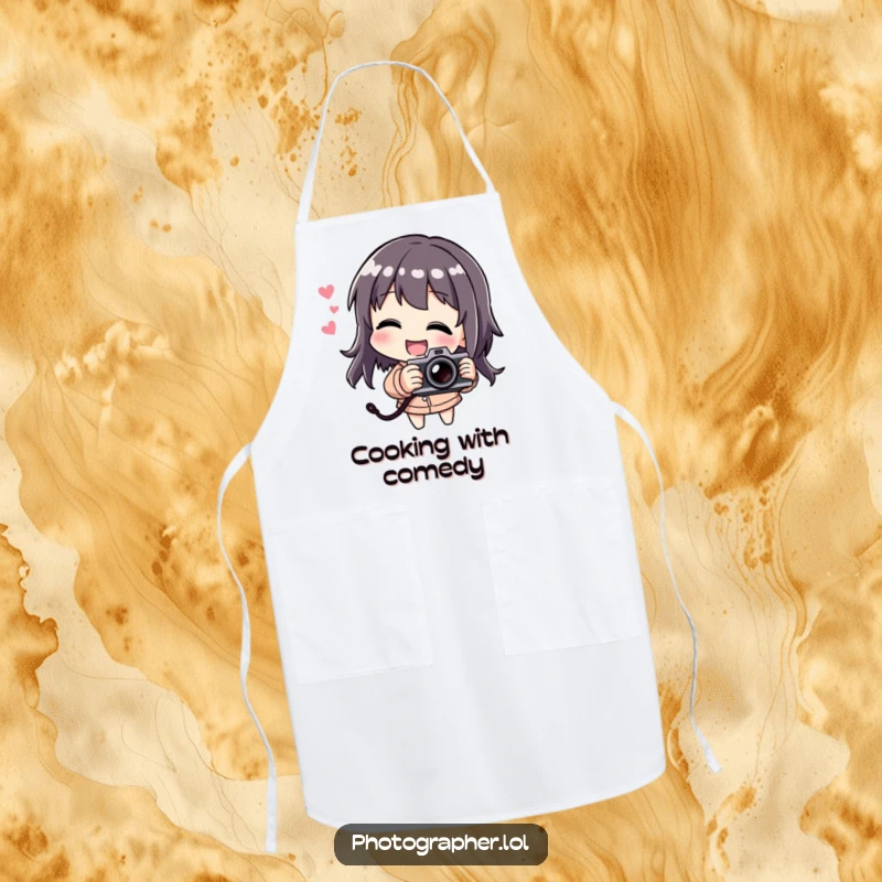 Funny apron with a character laughing while playfully tilting a camera, perfect for chefs who love photography humor.