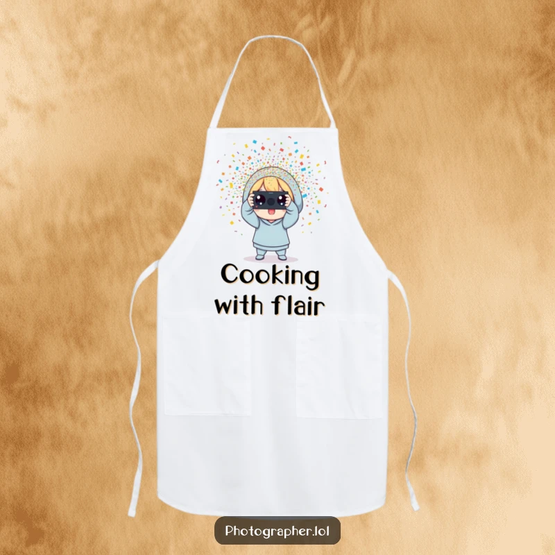 Funny photographer apron, a character snapping a photo with colorful confetti erupting, ready for festive culinary adventures.
