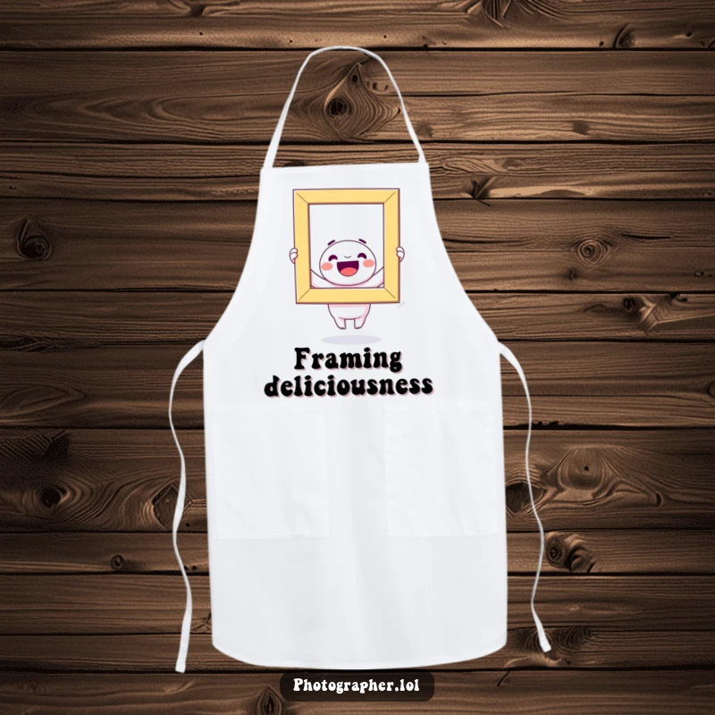 Funny Apron: A cheerful kawaii character beams while holding a giant colorful photo frame, ready for kitchen fun.