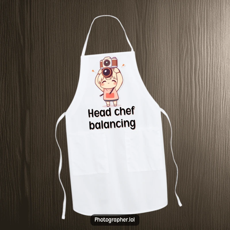 Funny apron featuring a character balancing a camera on their head with clumsy delight, ideal for cooks who love to add humor to the kitchen.