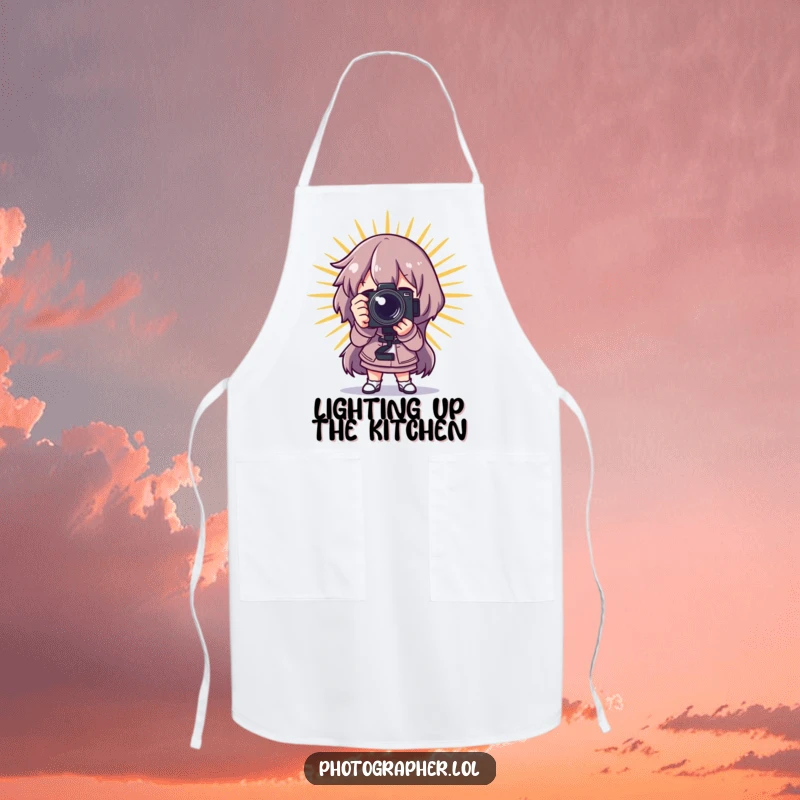 Funny photographer apron, a character posing dramatically with a camera and a starburst, ready for dramatic culinary creations.