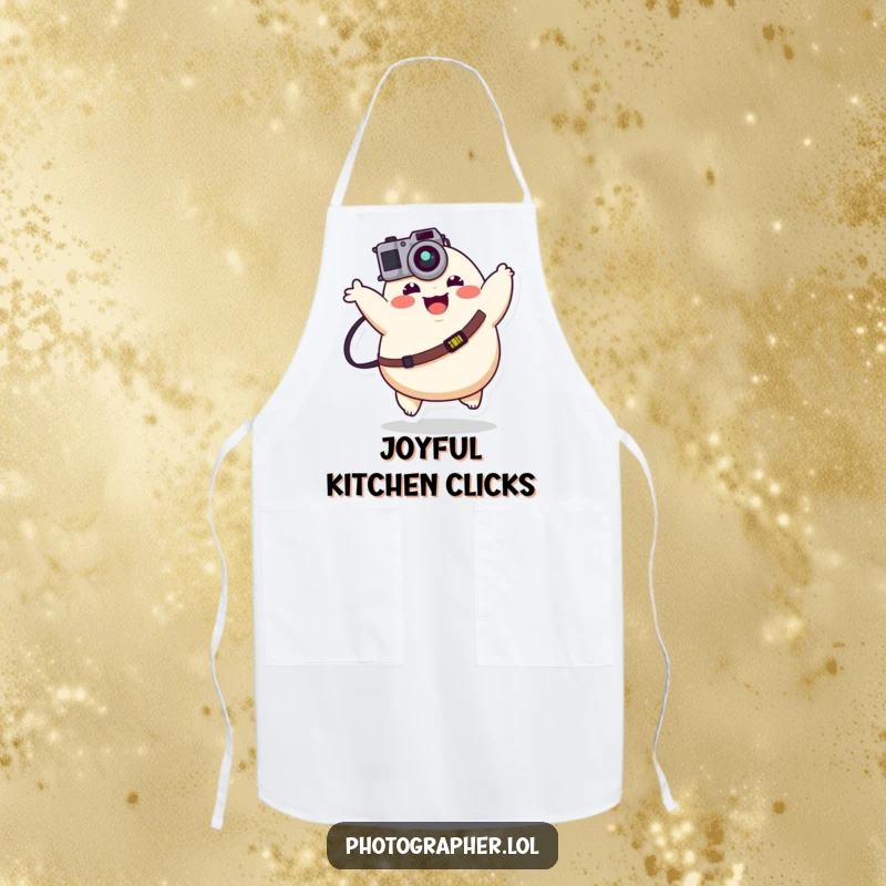 Funny plump character joyfully bouncing with a camera strap, a humorous and practical apron for happy photographers.
