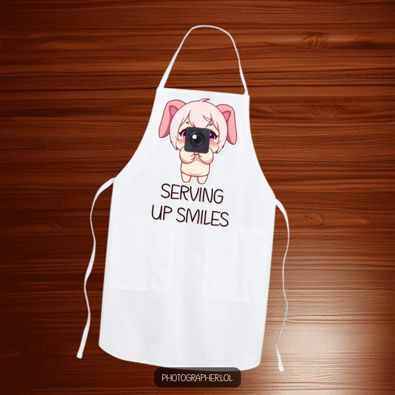 Funny apron featuring a character pointing a camera forward with a big smile, perfect for studio or kitchen use.