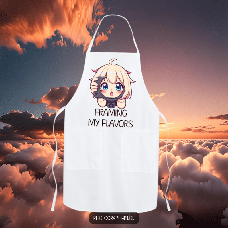 Funny apron with a character excitedly framing a shot, peeking through a viewfinder with wide eyes, a humorous accessory.