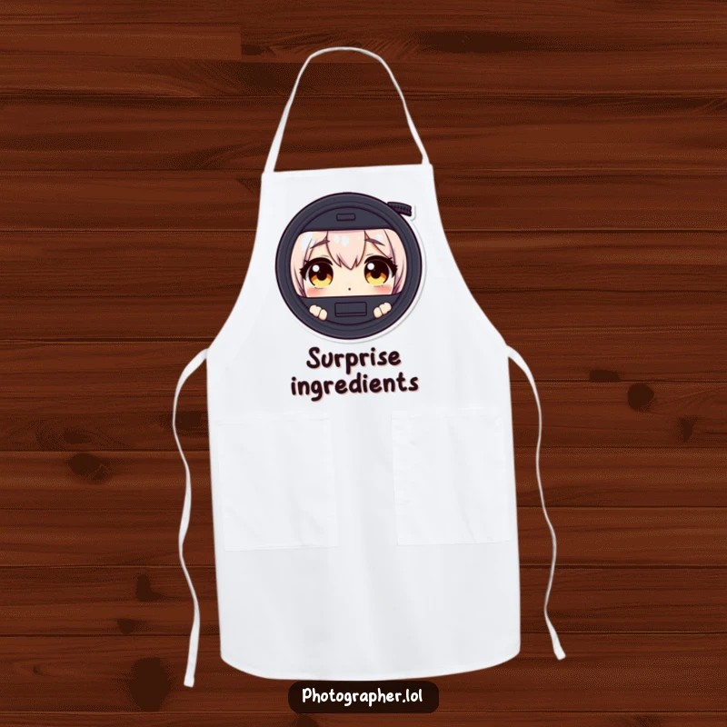 Funny apron showing a character's wide, surprised eyes peering through a camera viewfinder, perfect for studio work.