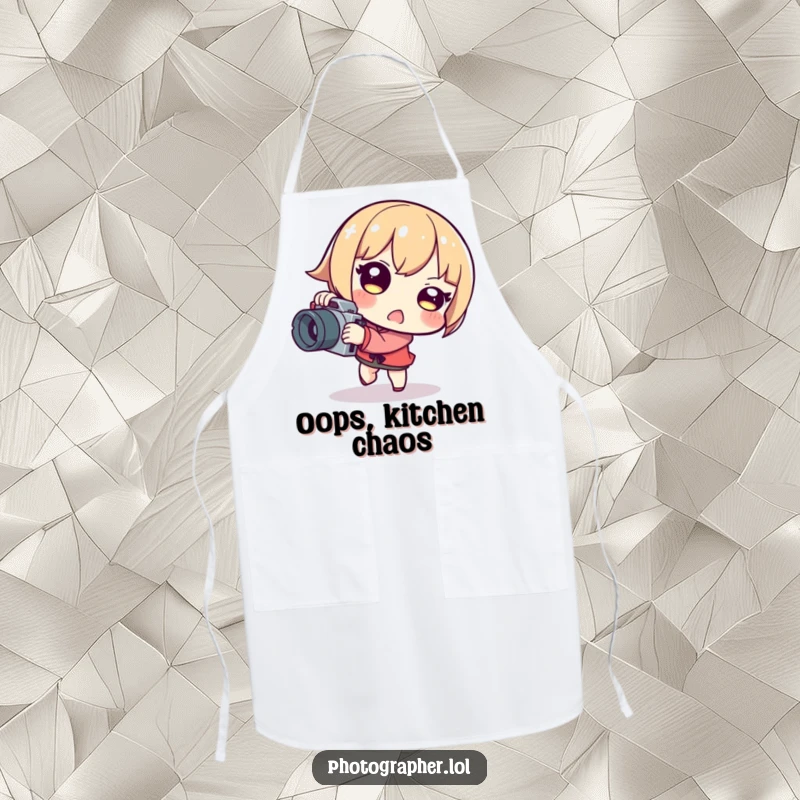 Funny tripping photographer apron with a character stumbling while holding a camera, a humorous kitchen accessory.