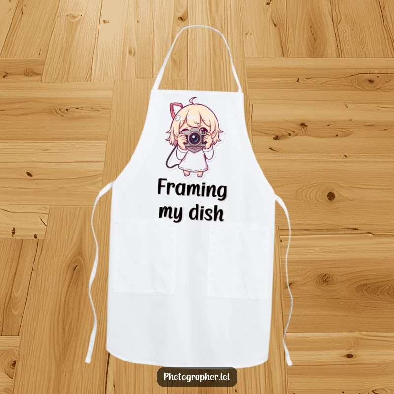 Funny apron depicting a character shooting with a vintage camera while cooking, bringing humor to the kitchen.