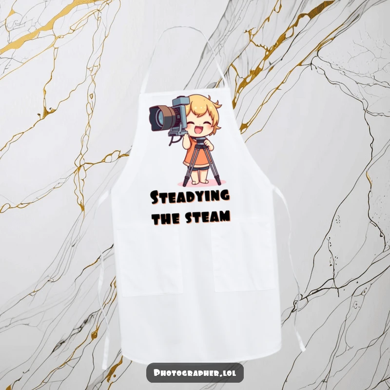 Funny apron with a character giggling while adjusting a large vintage camera tripod, a humorous kitchen or studio accessory.