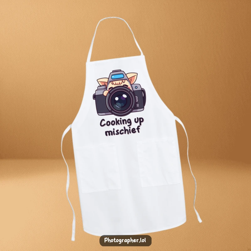 Funny apron with a character peeking from behind a large camera, giving a playful wink, perfect for kitchen or studio use.