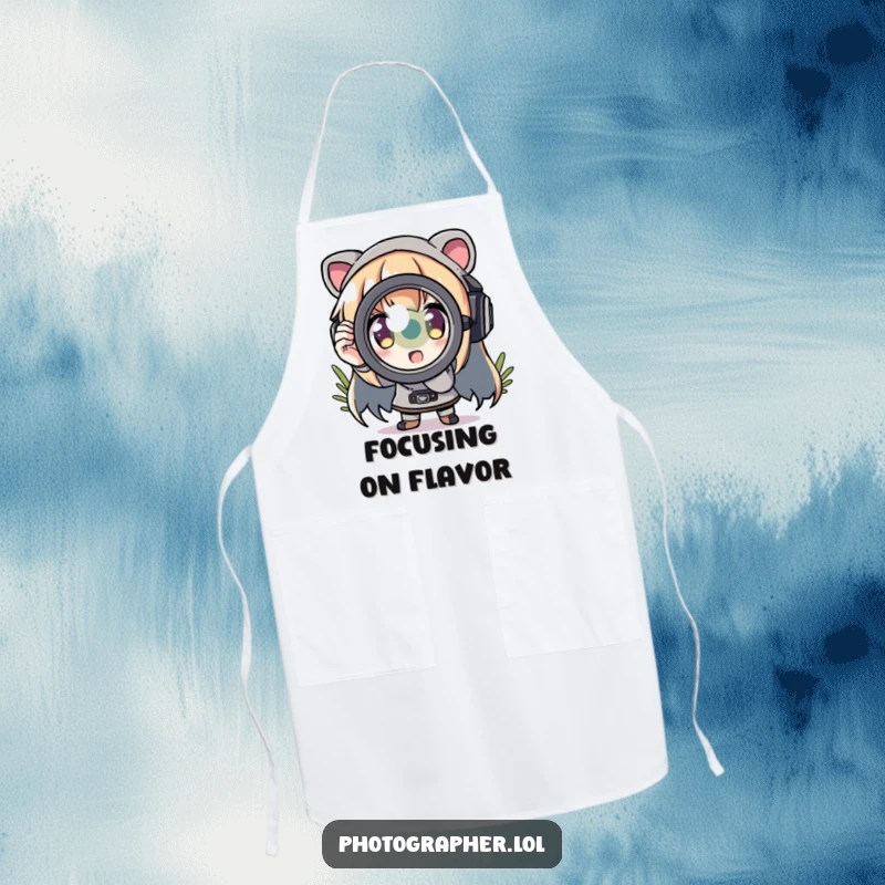 Funny apron showing a character zooming in with a comically exaggerated lens, perfect for kitchen focus.