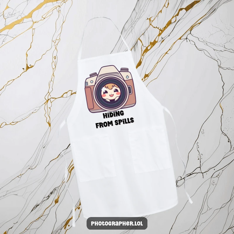 Funny shy photographer apron with a small, grinning character peeking from behind a camera lens, a humorous kitchen accessory.