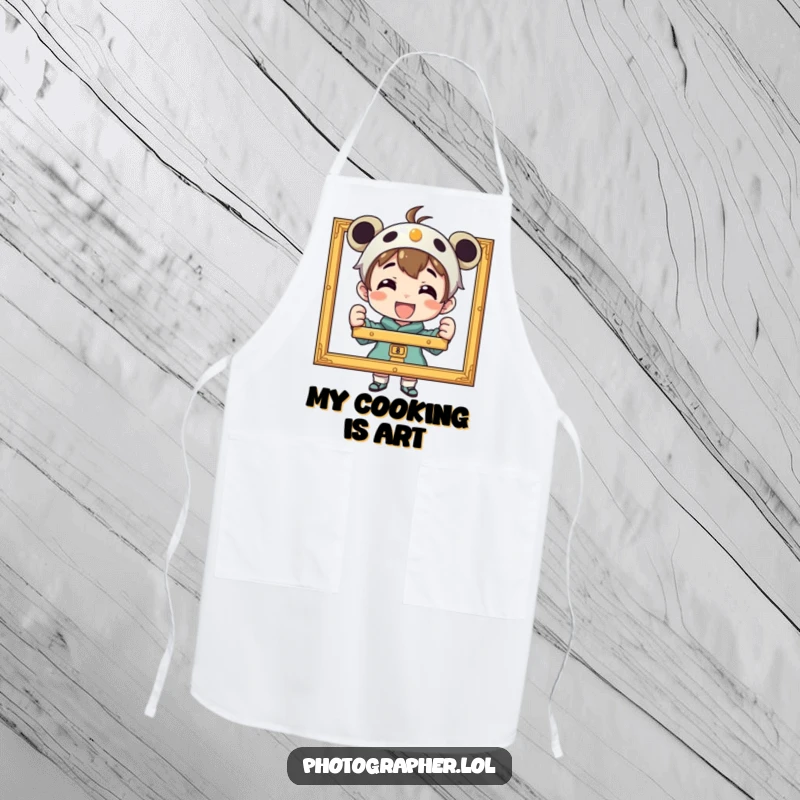 Funny apron for photographers, showing a proud character displaying a framed photo, perfect for studio work and creative projects.