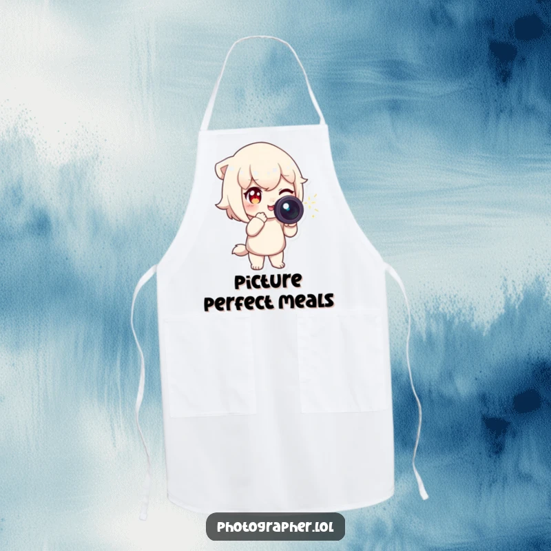 Funny Apron showing a character winking and pointing a camera with a sparkling light trail, humorous kitchen accessory for photographers.