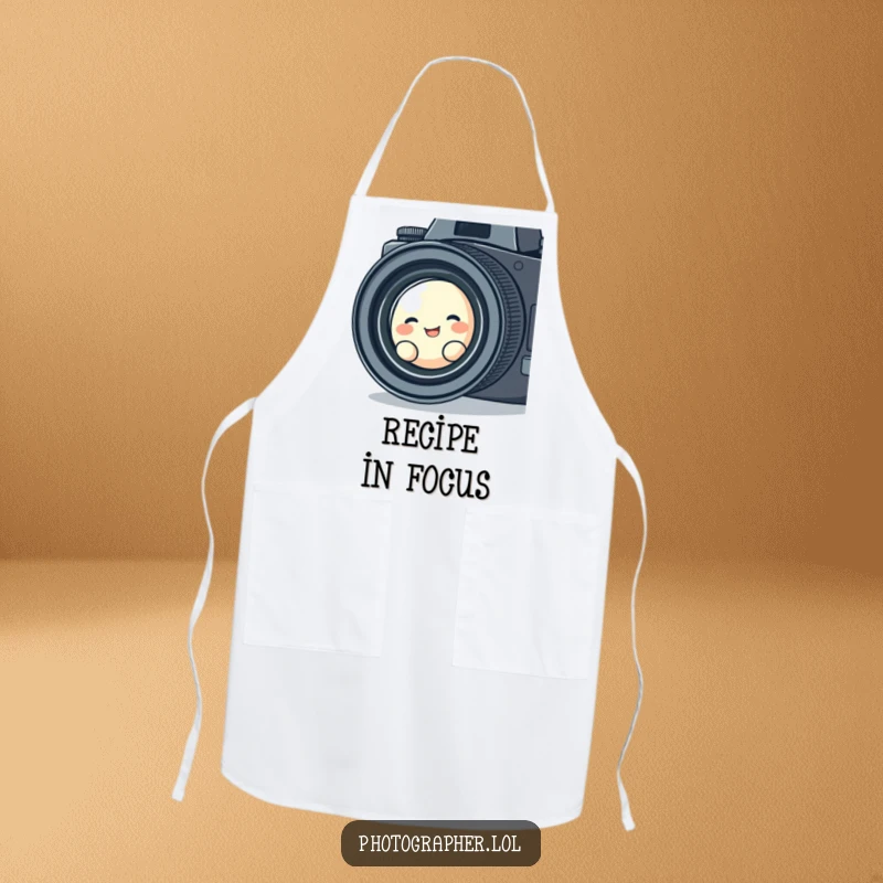 Funny apron showing a cute blob character giggling as it peers through a vintage camera lens, suggesting a playful and nostalgic cooking experience.