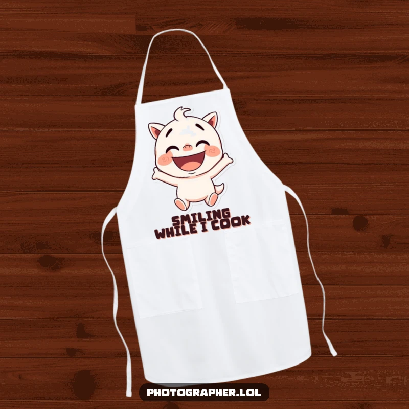 Funny apron featuring a character striking a silly pose with a wide, excited grin, ideal for chefs who love to add humor to their cooking.