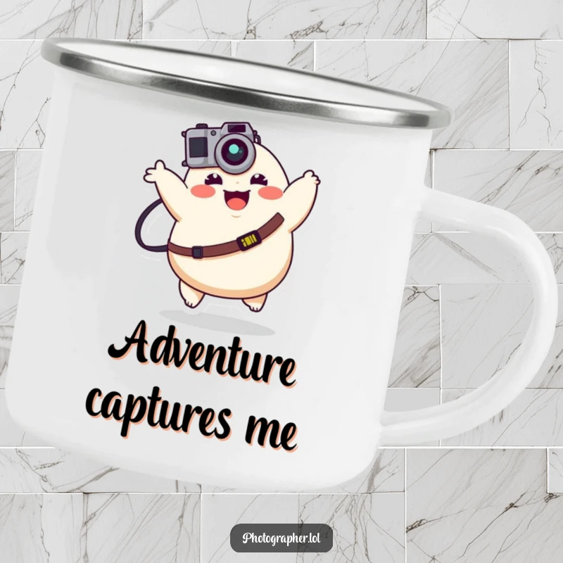 Funny plump character joyfully bouncing with a camera strap on a sturdy camping mug, perfect for outdoor happy humor.