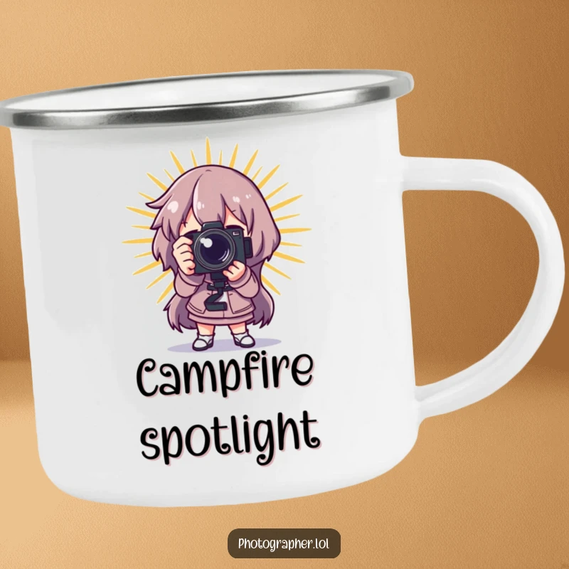 Funny photographer camping mug, a character posing dramatically with a camera and a starburst, perfect for dramatic outdoor adventures.