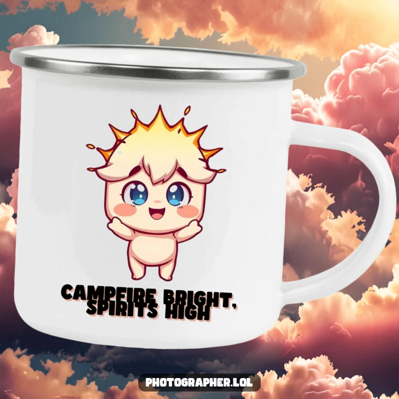 Funny camping mug showing a character with wide, fun eyes reacting to a flash bulb explosion, perfect for outdoors.