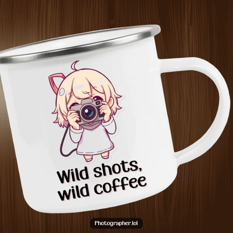 Funny camping mug with a character happily snapping photos with a vintage camera, perfect for outdoor enthusiasts.