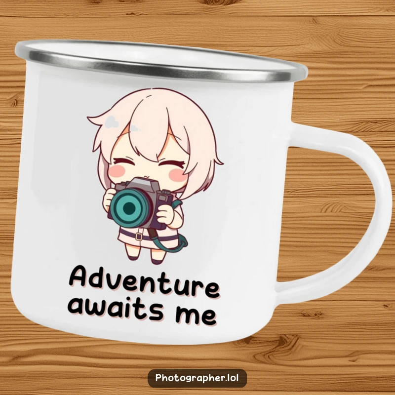 Funny camping mug with a winking character smiling and adjusting a camera strap, perfect for outdoor photography trips.
