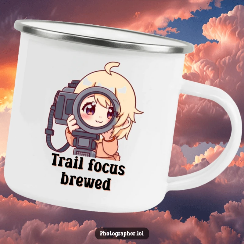 Funny camping mug with a character looking through a camera viewfinder with a focused and cheerful expression, designed for photographers who love nature.
