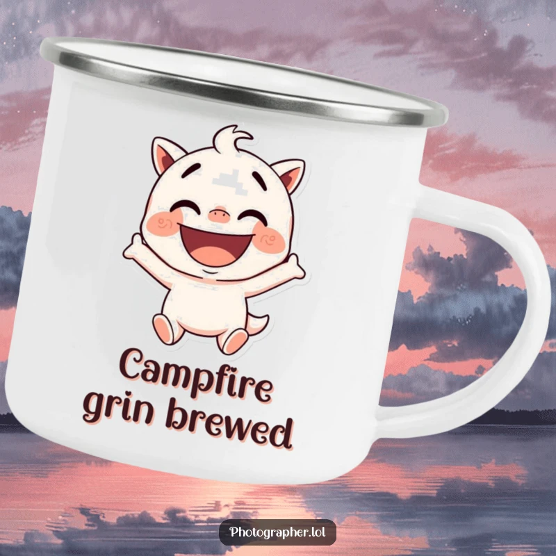Funny camping mug with a character in a silly pose with a wide, excited grin, designed for outdoor enthusiasts who love to have fun.