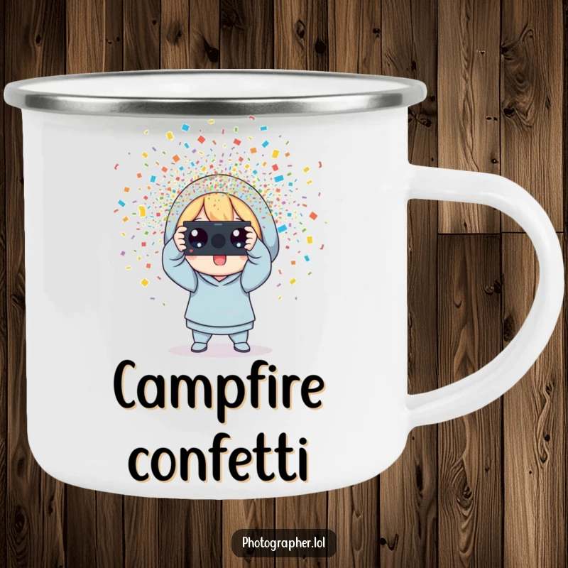 Funny photographer camping mug, a character snapping a photo with colorful confetti erupting, perfect for festive outdoor adventures.