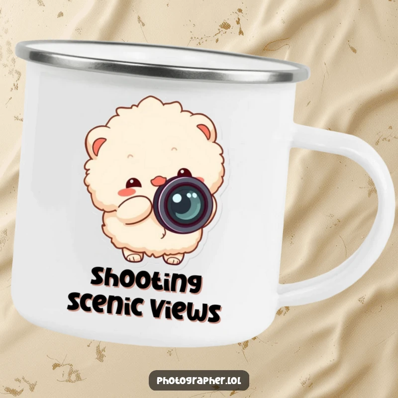 Funny fluffy photographer camping mug, durable cup with a cheerful character snapping a camera, lens cap flying off.