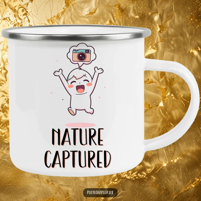 Funny Camping Mug: An adorable character jumps joyfully, a camera icon prominent in their thought bubble, ready for adventure.
