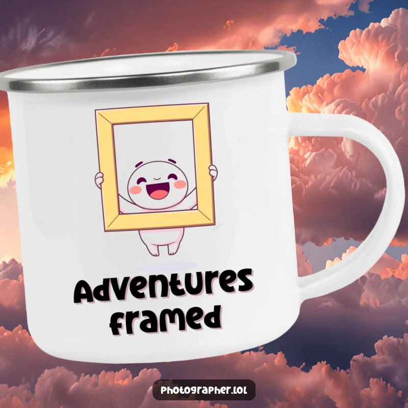 Funny Camping Mug: A joyous kawaii character holds a giant, colorful photo frame, perfect for outdoor enjoyment.