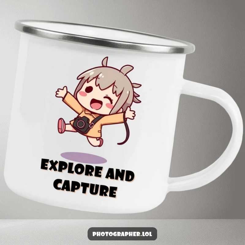 Funny kawaii camping mug featuring an excited character jumping with a camera bag, perfect for outdoor shoots.