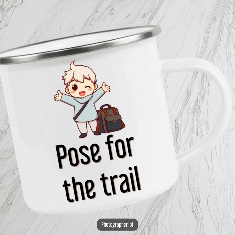 Funny camping mug of a character striking a dramatic pose with arms outstretched next to a camera bag, for outdoor photographers.
