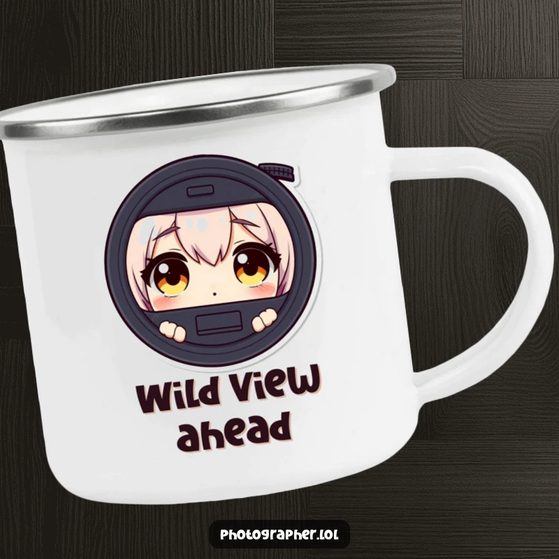 Funny camping mug with a character's wide, surprised eyes peering through a camera viewfinder on an outdoor adventure.