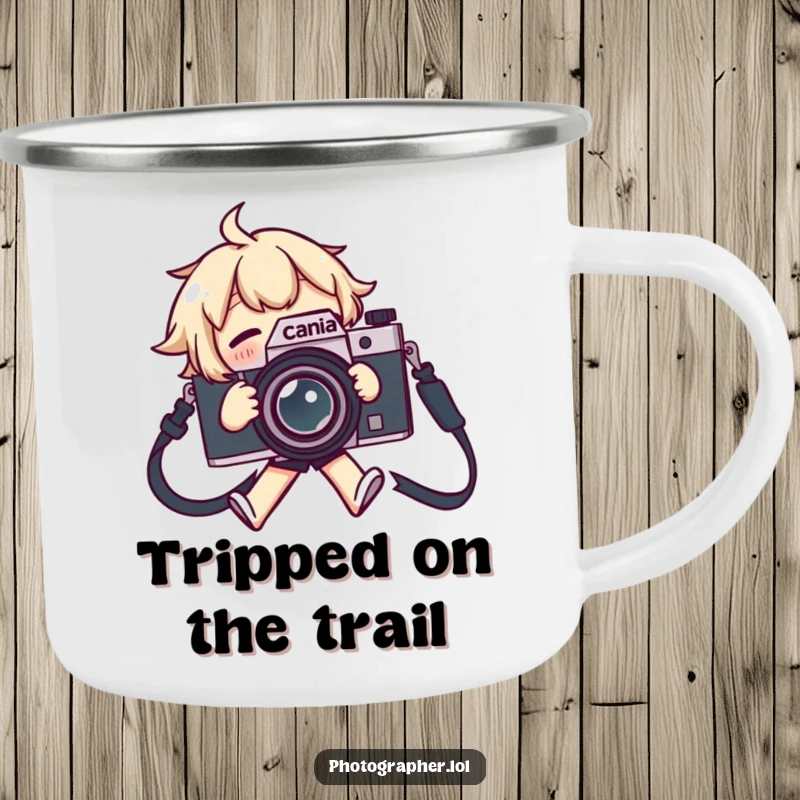 Funny camping mug with a character tripping over a camera strap, flailing comically, ready for outdoor mishaps.