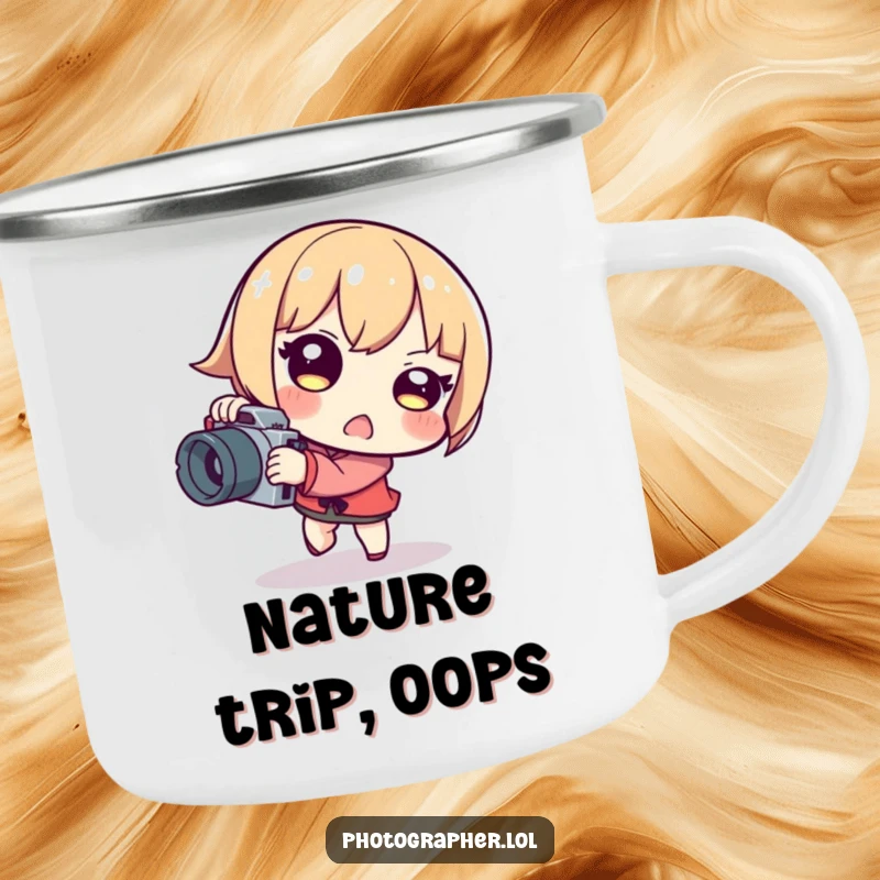 Funny tripping photographer camping mug with a character stumbling while holding a camera, ready for outdoor photography adventures.