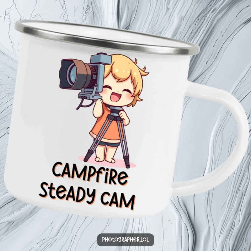 Funny camping mug of a character giggling while adjusting a large vintage camera tripod, perfect for outdoor photography lovers.