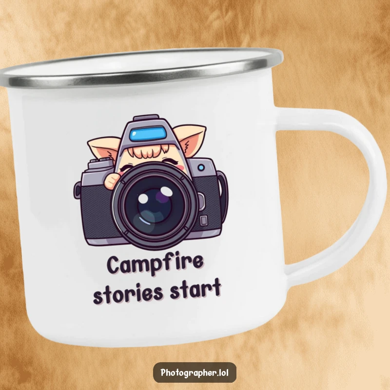 Funny camping mug with a character peeking from behind a large camera and winking, perfect for outdoor photography enthusiasts.