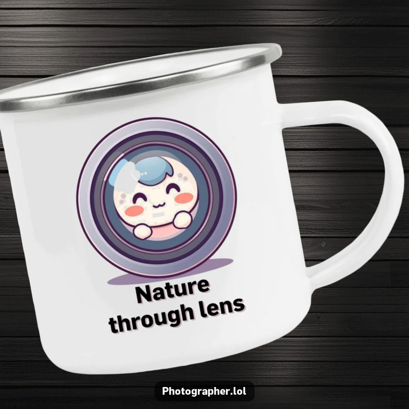 Funny blushing character peeking from behind a large camera lens on a sturdy camping mug, perfect for outdoor shy humor.