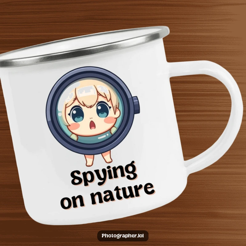 Funny Camping Mug showing a surprised character peeking from behind a large lens, perfect for outdoor enthusiasts.