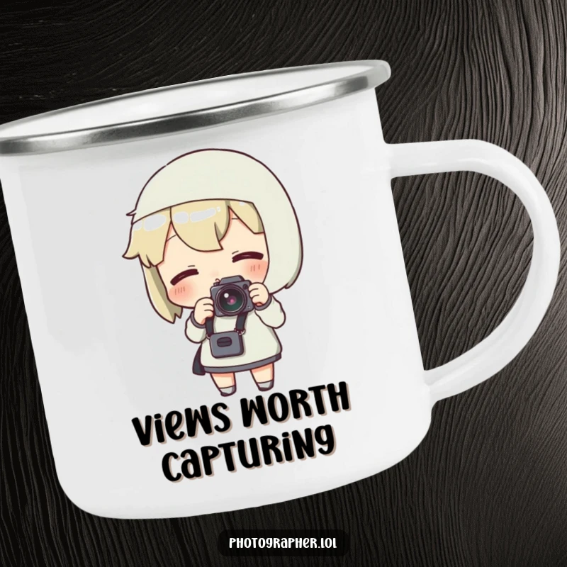 Funny camping mug showing a character excitedly adjusting a camera strap, ready to photograph any outdoor scene.