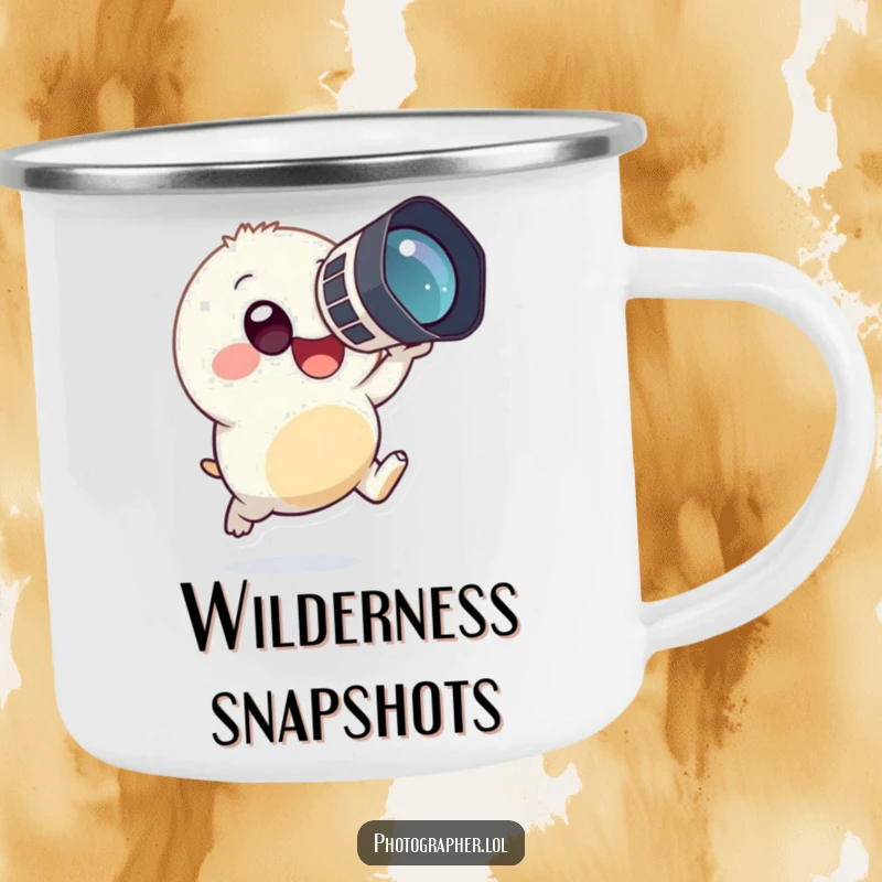 Funny camping mug featuring a tiny, round creature in a joyful leap, holding a large camera, designed for happy outdoor adventurers.