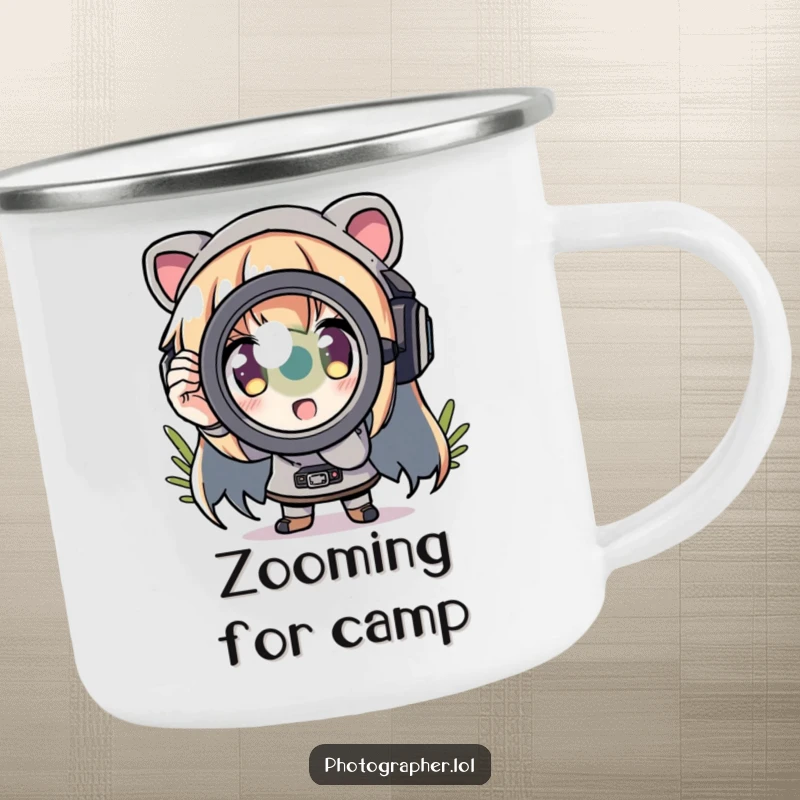 Funny camping mug with a character zooming in with a comically exaggerated lens, ready for outdoor shots.