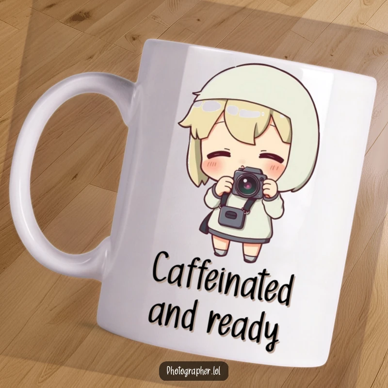 Funny mug showing a character adjusting a camera strap with wide eyes and an excited smile, ready to photograph.