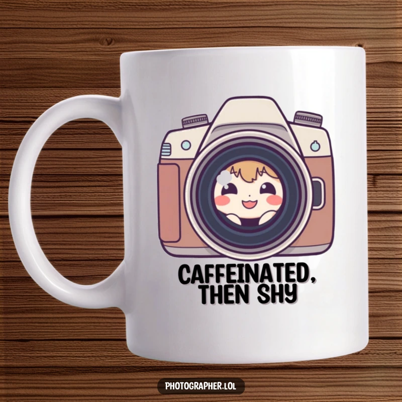 Funny shy photographer mug showing a small character peeking from behind a camera lens with a big, cheeky grin.