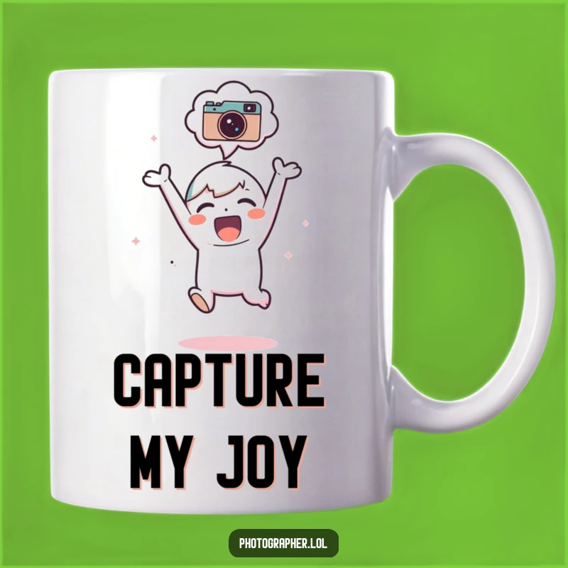 Funny Joyful Photographer Mug: Adorable Character Jumps with Camera Joy, Perfect Funny Gift!