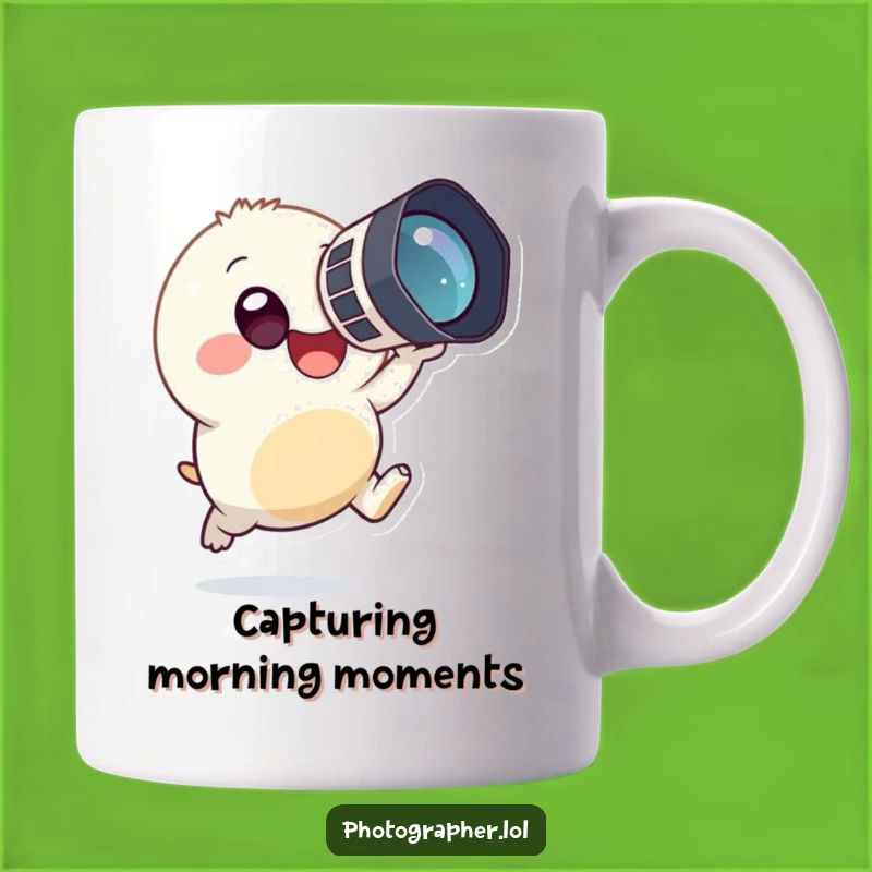 Funny Photographer Creature Mug: Tiny Round Character Leaping, Perfect Funny Gift