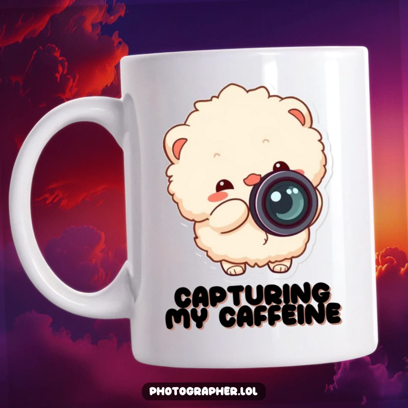Funny fluffy character mug, happily snapping a camera shutter, with a lens cap flying off playfully.