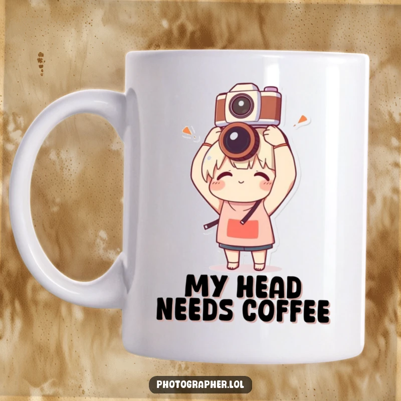 Funny mug showing a character hilariously balancing a camera on their head with clumsy delight, ideal for anyone with a good sense of humor.