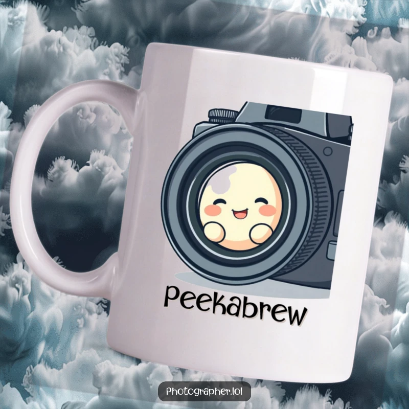 Funny mug featuring a cute, blob character giggling as it peeks through the lens of a vintage camera, capturing a moment of playful curiosity.