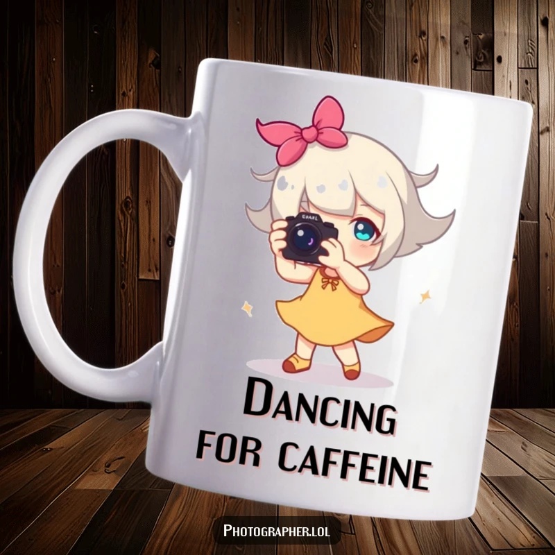 Funny mug of a character joyfully dancing with a camera, depicted as a happy blur of motion, celebrating photography.